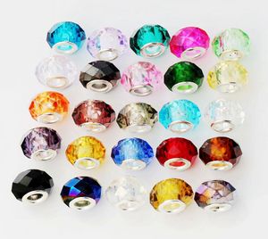 Cuentas de cristal facetadas con agujeros grandes 925 espaciadores Rondelle de plata aptos para Pandora joyería DIY pulseras europeas brazaletes 14mm 25 colores L1845 10 unids/lote