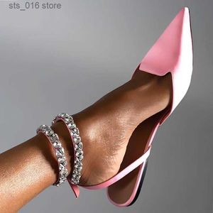Crystal platte glanzende jurk hakken gladiator sandalen vrouwen 2023 zomer puntige teen roze feestschoenen vrouw plus maat 42 enkel 258F
