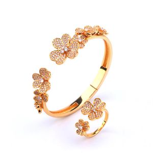 Crystal Flower Bangles Voor Vrouwen Rose Goud Zilver Kleur Crystal Manchet Armbanden Bloemen Ringen Vriendin Gifts3156