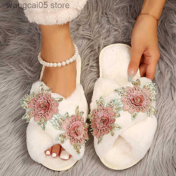 Crystal Flower Tacones planos zapatillas de piel Mujeres 2023 Autumn Invierno Soft Home Shoes Fluffy Flufy Plush Cross Sluys Flip T230817