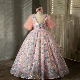 Crystal Flower Girl Robes pour mariage en tulle appliquée Princess Girls Pageant Robe Jupe à plusieurs reprises