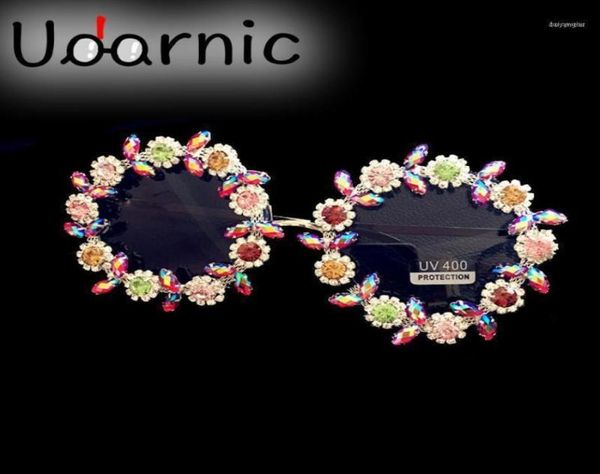 Lunettes de soleil rondes à fleurs en cristal, monture dorée, à la mode, Vintage, de styliste, pour femmes et enfants, 04384113009068