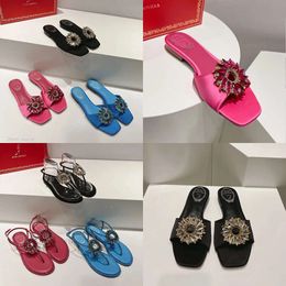 Crystal Flowers Embellis Boucle Flat Slides Slippers Mules Fashion Sandales Open Toes Designer Fomen Women Holiday Flats and Lanking Sandal Qualité d'origine