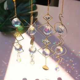 Carillon éolien géométrique en cristal, pendentif étoile lune, attrape-soleil plaqué perles colorées, goutte suspendue pour jardin intérieur et extérieur Q0811214t