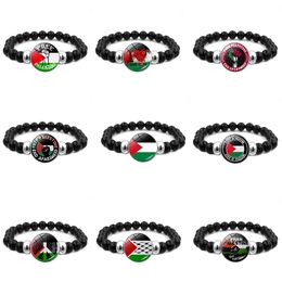 Bracelet en verre de cristal avec perles noires, bracelet à breloques avec drapeau palestinien, 12 styles