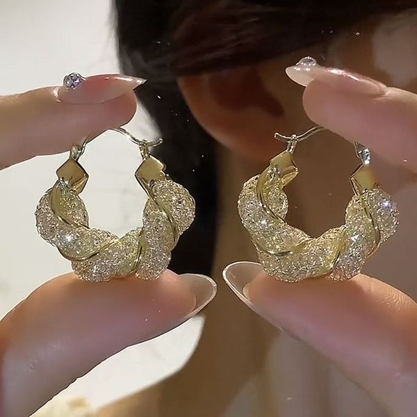 Boucles d'oreilles en or jaune 14 carats avec maille dorée en cristal pour femmes, personnalité élégante, capricieuse, accessoires quotidiens, bijoux de fête, cadeaux d'anniversaire