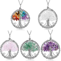 Collier pendentif arbre de vie en gravier de cristal, colliers en pierre de cristal naturel, accessoires de mode avec chaîne