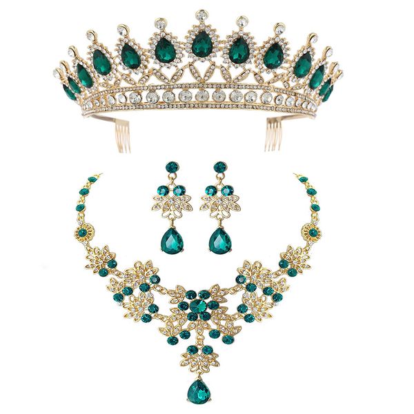 Ensemble de bijoux de mariée en cristal vert rouge, diadèmes, couronne de mariée, ensemble de bijoux de bal de concours, boucles d'oreilles, collier, ornements de cheveux