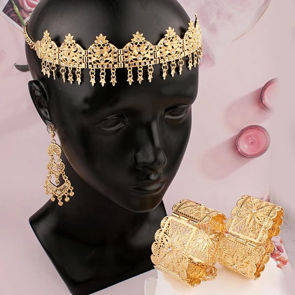 Conjuntos de joyas para el cabello de cristal para mujer, ropa para la cabeza de boda musulmana árabe, caftán nupcial, accesorios de Metal dorado 240311