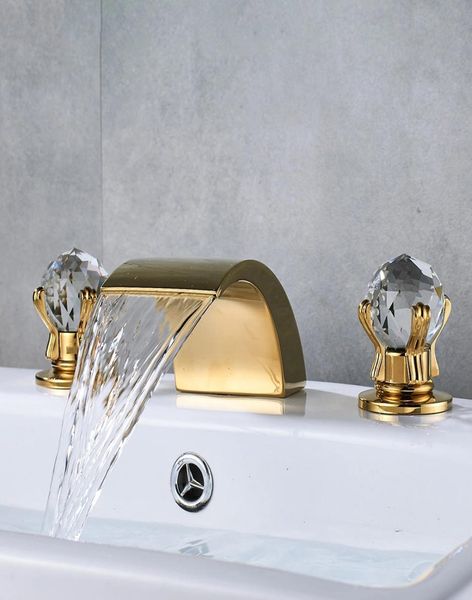 Robinet de salle de bains à poignée en cristal, cascade dorée, montage sur le pont, robinet de lavabo de salle de bains répandu, mitigeur de lavabo chromé 2130438
