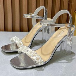 Crystal Heel Sandales High Open-Toe Fashion Chaussures pour femmes Fairy Wind Perle Strap Mid-Heel Summer 1155