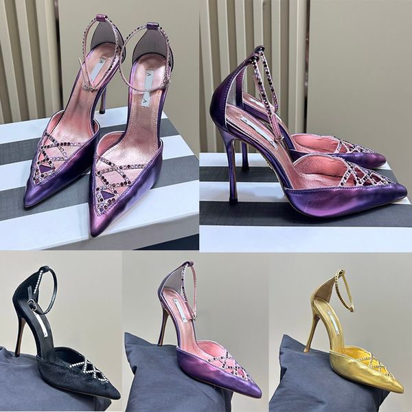 Zapatos de tacón alto de cristal Bombas de 10,5 cm Zapatos de diseñador para mujer Zapatos de cena de lujo Zapatos de vestir con talón descubierto Sandalia de aguja Ahueca hacia fuera los zapatos de boda con diamantes de imitación para fiesta de mujer