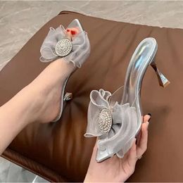 Femmes hautes Crystal PVC Bowtie Transparent Stiletto Middle Heel Fashion Lady Outdoors Open Toes B03