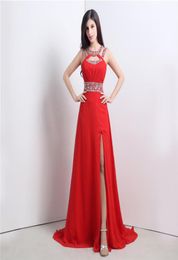 Crystal Jewel Red Prom -jurken met zijsplaraat Chiffon Crisscross Back Sexy Red Evening Jurns Party Formal Dresses Evening 20175786992