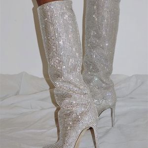 Crystal Knee High Boots vrouwen sexy puntige echte lederen hielmouw luxe glanzende catwalk big size 220813