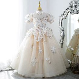 Cristal Dentelle Petits Enfants Fleur Fille Robes Princesse Jewel Cou Tulle Applique Puffy Floral Formelle Porte Parti Communion Pageant Robe