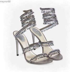 Kristallamp stiletto hiel sandalen voor damesschoen Rene Caovilla Cleo Rhinestone bezaaide slang strass luxe ontwerpers 9,5 cm hoge hakken