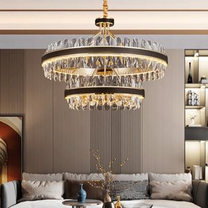 Kristallen LED-lichtplafondkroonluchters 2023 Zwart leer Luxe glans Ronde hangende lampen Woondecoratie voor woonkamer
