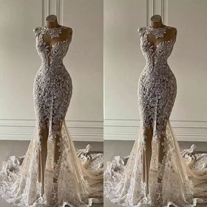 Robes de mariée sirène en cristal voir à travers la dentelle appliquée robes de mariée luxueuse robe de mariée à paillettes dubaï personnaliser 0314