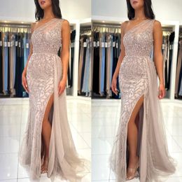 Crystal One Shoulder Mermaid Prom Dress Beading Formal Evening Elegant Split Dresses For Special Ocns Floor Length Robe De Soiree es