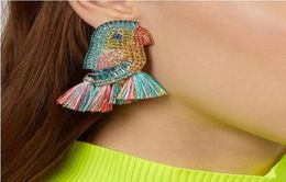 Kristall-Papageien-Vogel-Tropfen-Ohrringe, luxuriöses Design, Quasten-Ohrstecker für Frauen, voller Strass, modisches Statement, übertriebene baumelnde Ohrringe 7908056