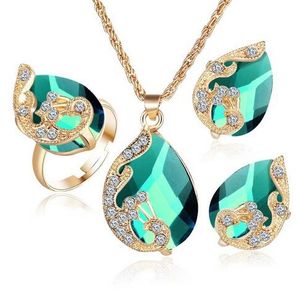 Crystal Peacock Sieraden Sets Bruid Bruiloft Ketting Earring Ring Set Rhinestone Goud Kleur Water Drop Hanger Dames Accessoires