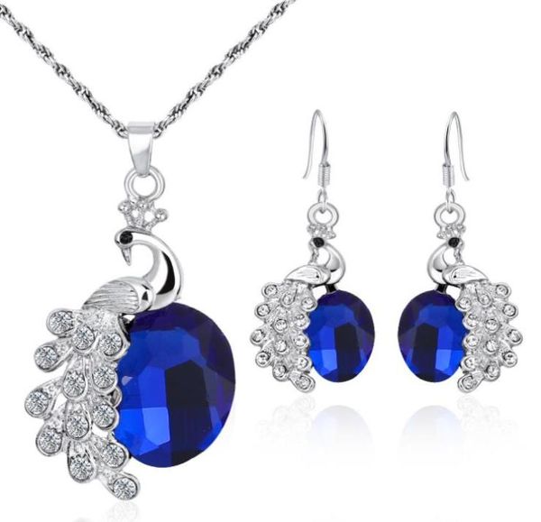 Ensemble de bijoux pendentif paon en cristal pour femmes, bijoux de mariage, boucles d'oreilles en strass, collier, Sets9457147