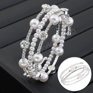Bracelet de perles de cristal pour femmes, strass multicouches réglables, manchettes plaqué argent, bijoux cadeaux pour femmes