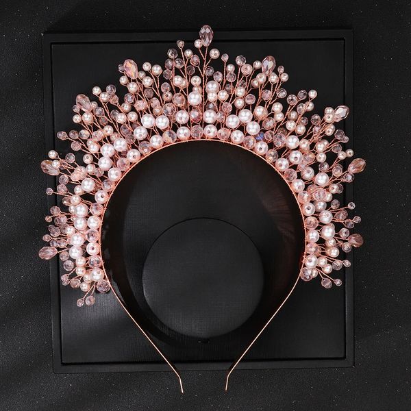 Cristal perle bandeau de mariée couronne femmes ornements à la main rose accessoires de cheveux de mariage bijoux fête mariée casque diadèmes 240102