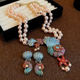 Collier Double couche de perles de cristal, boucles d'oreilles, Design rétro exagéré, chaîne de pull, bijoux, accessoires en gros, 240227