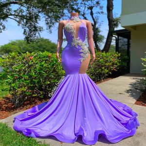 Crystal Purple Mermaid Prom Dresses 2022 Halter Backless Long Evening Jurk Black Girls Kralen feest Diner Draag Robe de Soiree Vestido 275Z