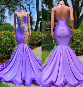 Crystal Purple Mermaid Prom Dresses 2023 Halter Vestido de noche larga Vestido de noche Negro Partido con cuentas Rata de Soiree Vestidos 5412814