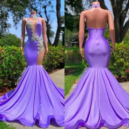 Crystal Purple Mermaid Prom Vestidos Halter Vestido de noche larga Long Vestido Negro Negro Partido de fiestas Vestida Vestidos de Noche Abaya BC15309