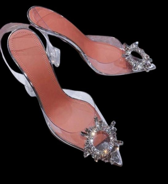 Crystal Pvc Slingback Sandals Femmes Begum Glass High Heels Chaussures Femme Transparent Pumps argentés Designer Weddalias Mujer9969241