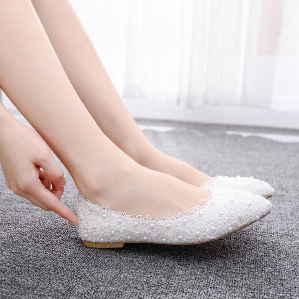 Crystal Queen Ballerines Blanc Perle Dentelle Chaussures De Mariage Bout Pointu Femmes Princesse Grande Taille 43