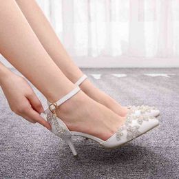 Crystal Queen Trouwschoenen Bruid 7 cm Hoge hakken Witte pompen Kerstdag Avondfeest Stiletto Luxe sandalen plus maat 43 G220520