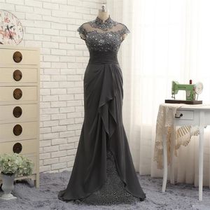 Crystal Real Image Lange Mermaid Grey Moeder van de Bruid Jurk Kant Hoge Hals Cap Sleeve Chiffon Formele Avond Party jurken Pleate225U