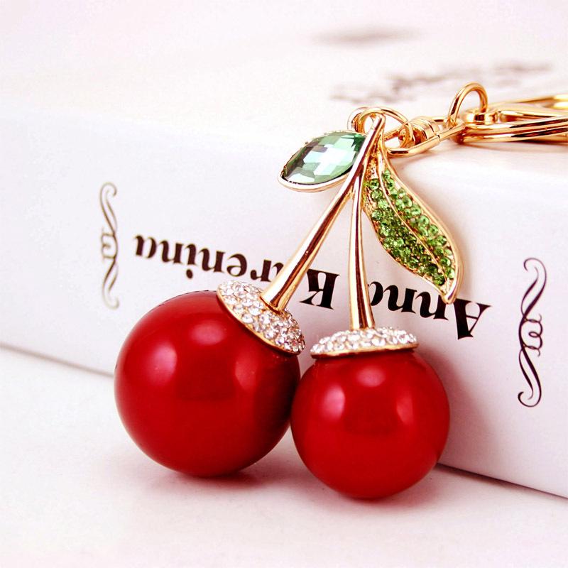 Cristal strass cereja chaveiro titular vermelho redondo metal frutas pingente carro chaveiros moda saco jóias chaveiro charme