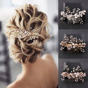 Crystal Rhinestone Flower Pearl Hair Comb Pin Hoofdband Tiara voor vrouwen Bruid Girl Wedding Bridal Hair Accessoires Sieraden Band