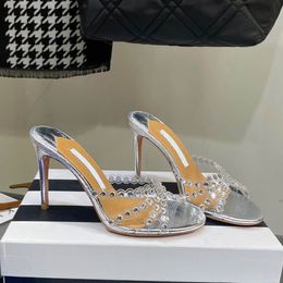 Crystal verfraaid Mule pantoffels sandalen hakken slip op stiletto hakken dia's open teen schoenen dames luxe ontwerper lederen buitenzool avond schoen fabriek schoeisel