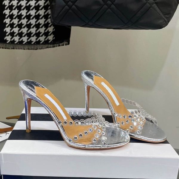 Zapatillas de mula con adornos de cristal, sandalias, tacones, deslizadores de tacón de aguja, zapatos de punta abierta, suela de cuero de diseñador de lujo para mujer, calzado de fábrica de zapatos de noche