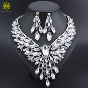 Crystal Rhinestones Ketting Oorbellen Set voor Bruid Bruiloft Luxe Afrikaanse Kralen Sieraden Sets H1022