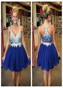 Crystal Royal Blue Prom -jurken Korte Homecoming Jurk kralen riemen Chiffon Mini Rok 8e graad Graduation Dresses Rhinestone PA7168810