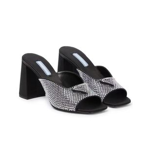 Cristal Pantoufles Mules Femmes Diapositives Chaussures À Talons Hauts Strass Soie Véritable95mm Chunky Block Slip-On Bout Ouvert Designers De Luxe Street Style Usine Chaussures