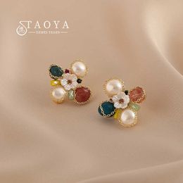 Pendientes de tuerca con flor de perla y piedra de cristal, estilo bohemio, temperamento elegante colorido para mujer, accesorios para las orejas, joyería de moda