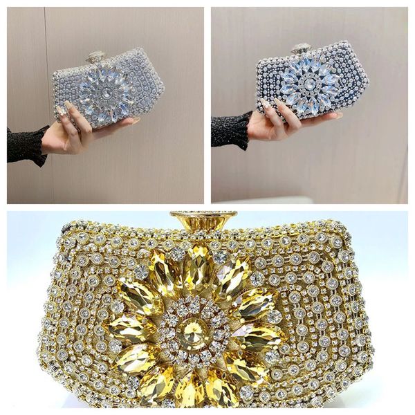 Pochette de Banquet dorée en cristal tournesol pour femmes, sac de soirée européen et américain, sac à main pour dames, FMT-4085