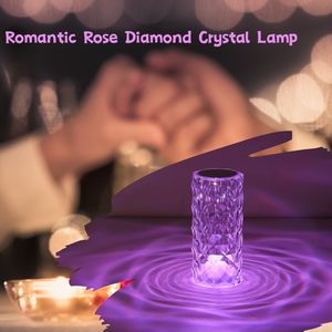 Lámpara de mesa de cristal para dormitorio, luz nocturna regulable táctil/remota de 16 colores, lámpara LED USB de noche con forma de rosa de diamante