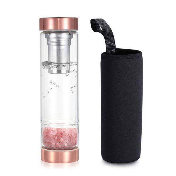 Bouteille d'eau en cristal, bouteille d'eau en verre de guérison en Quartz Rose, comprend une bouteille d'infuseur de thé en feuilles mobiles et un Sl de protection