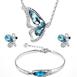 Crystal bruiloft sieraden sets voor bruiden vlinder ketting armband oorbellen set mode dames vrouwen meisjes sieraden zilveren blauwe kleur