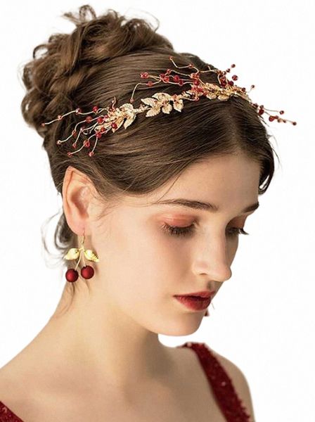 Bodas de boda de cristal Red Beads Hoja Cabello Vine Gold Bridal Headselegi, FR Accesorios para el cabello para novias Damas de honor Y0AJ#